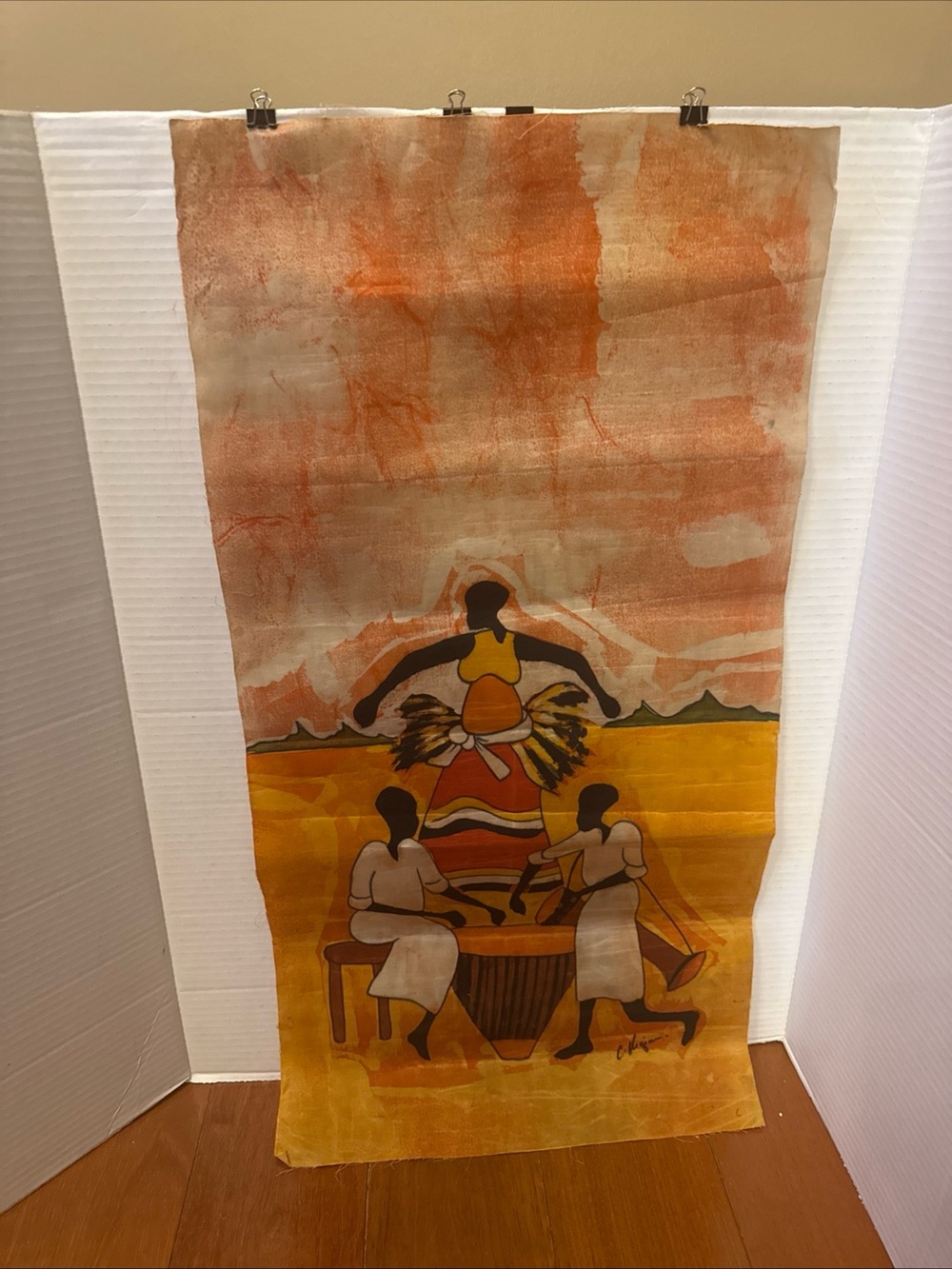 VTG African Batik wax Painting On Cloth Signed C. Mujis 27"x14" Double Sided Art
